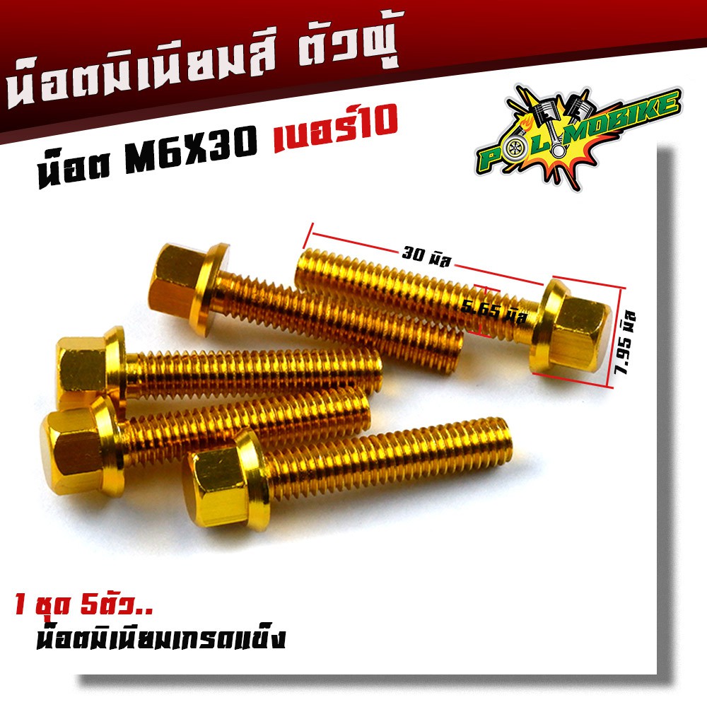 น็อตมิเนียม หัวล้าง น็อตเบอร์10 ยาว30มิล (1ชุด5ตัว) M6*30 งานมิเนียมเกลียวดีหัวไม่ขาด เลือกได้หลายสี น็อตมิเนียม หัวล้าง