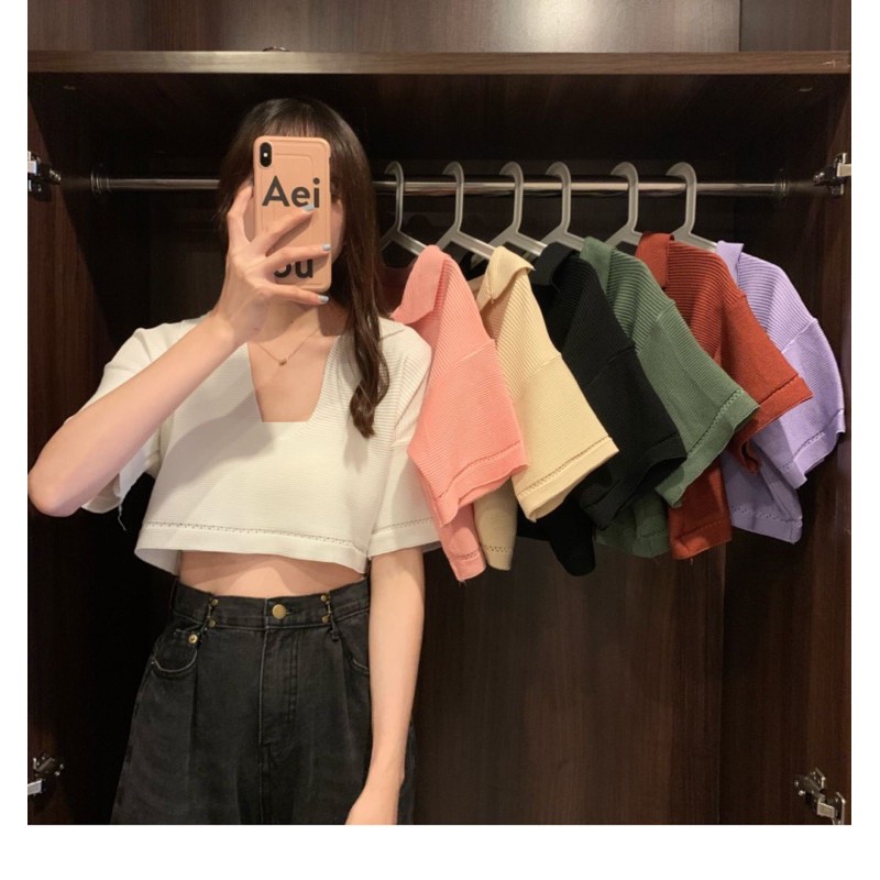 cici-5951-1-เสื้อครอปไหมพรมแขนสั้นคอปกหน้าวีแหวกลึก