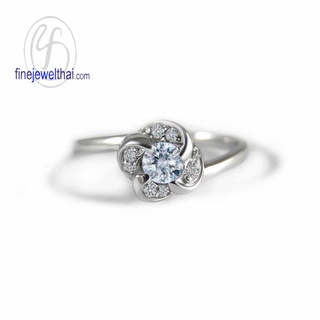 Finejewelthai-แหวนอะความารีน-แหวนเพชรCZ-แหวนเงินแท้-พลอยประจำเดือนเกิด-Aquamarine-Silver-Ring-Birthstone-R1287aq