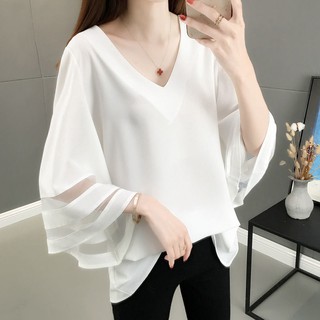 เสื้อชีฟองสีขาวOrganzaกลวงของผู้หญิง2021ฤดูร้อนเวอร์ชั่นเกาหลีใหม่ของทรัมเป็ตแขนหลวมขนาดใหญ่ปกเสื้อท้อง