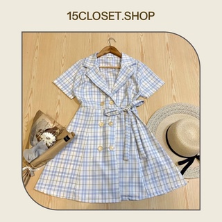 เดรสคอปกแขนสั้นทรงสูทลายสก๊อต มีเชือกผูกโบว์ด้านข้าง งานป้าย NANNY SHOP