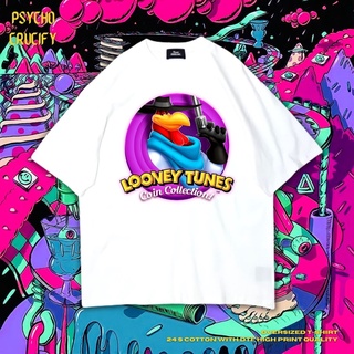 Psycho Crucify "Looney Tunes Coin Collection!" เสื้อยืด ขนาดใหญ่ | สีขาว | เสื้อยืด พิมพ์ลาย Looney Tunes Coin Collectio