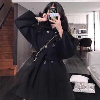 💥Hot Sale ฤดูใบไม้ร่วงและฤดูหนาวเกาหลีรุ่น 2019 ใหม่ผูกเอวสีดำแขนยาวเสื้อขนสัตว์หญิงสั้นเสื้อขนสัตว์สบาย ๆ