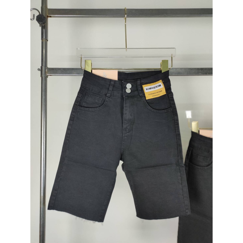 dx-6805-1-s-m-l-xl-2xl-กางเกงยีนส์ผู้หญิงขาสั้น3ส่วน-สุดฮิตสไตล์เกาหลี-เอวสูง-ปลายขาตัด-ผ้ายืด-สีดำ-แต่งกระดุม2เม็ด