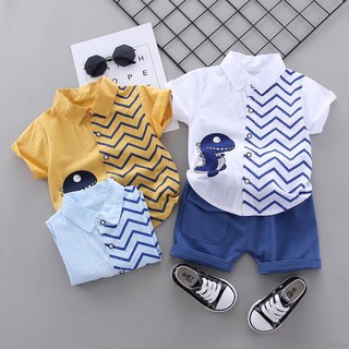 Babyme เสื้อยืดแขนสั้นลําลองพิมพ์ลายการ์ตูนฉลาม + กางเกงขาสั้นสําหรับเด็กผู้ชาย