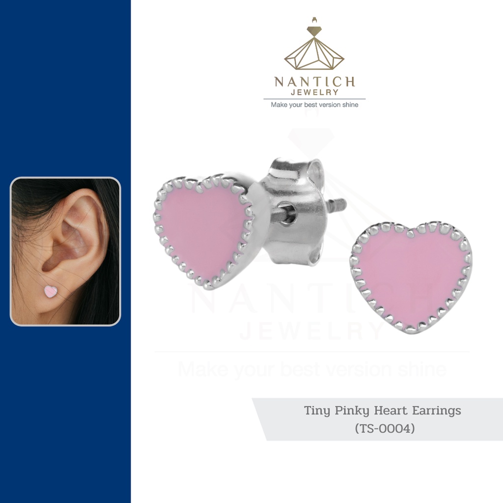 ภาพหน้าปกสินค้า‍ ️  ต่างหู คนแพ้ง่าย : Tiny Pinky Heart Earrings (TS-0004) Nantich Jewelry