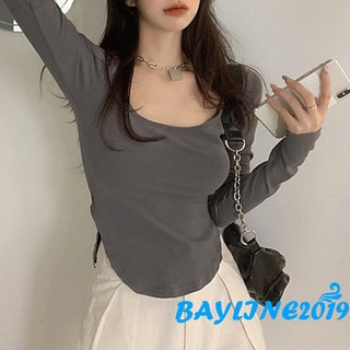 Bay- เสื้อยืดแขนยาวคอสี่เหลี่ยมเสื้อลําลองเข้ารูปแฟชั่นสตรี