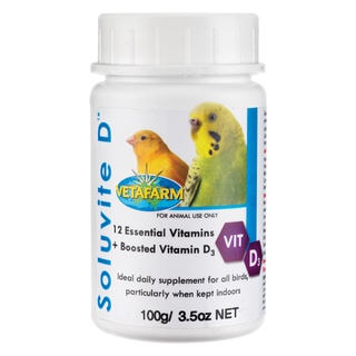 สินค้า Vetafarm Soluvite - D วิตามินรวม 12 ชนิด + Vitamin D3 สำหรับนกที่เลี้ยงในบ้าน บรรจุ 100 กรัม