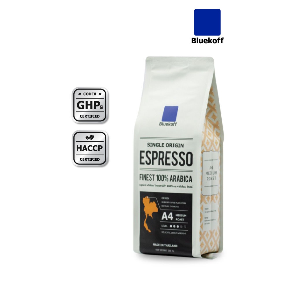 ราคาและรีวิวBluekoff A4 เมล็ดกาแฟไทย อราบิก้า 100% Premium เกรด A คั่วสด ระดับกลาง (Medium Roast) บรรจุ 250 กรัม