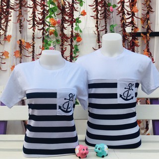 เสื้อยืดคอกลม เสื้อคู่รัก ลายสมอเรือ สีขาว-ดำ มีไซส์ M / L พร้อมส่ง