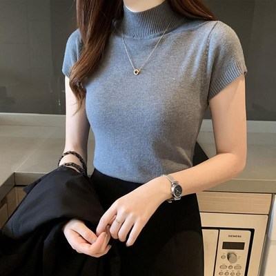 dahong-เสื้อ-473-เสื้อครอป-ท๊อป-เสื้อคอกลมคอเต่า-แขนสั้น-ผ้าไหมพรม-สีพื้น-เนื้อผ้าเรียบบาง