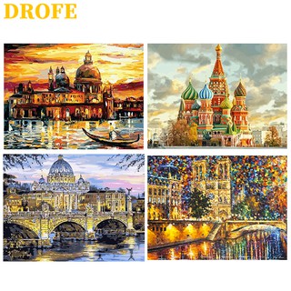 DROFE ภาพวาดระบายสีตามตัวเลข DIY ลายอาคาร สำหรับตกแต่งบ้าน ขนาด 50X40 ซม.