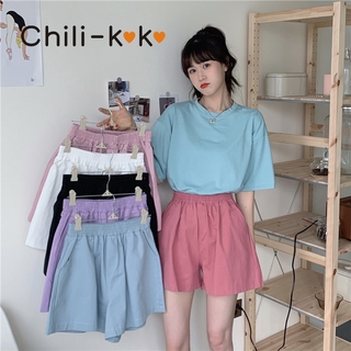 Chili_k❤️k❤️กางเกงขาสั้นแฟชั่น เอวยางยืด ขากว้าง  กางเกงลำลองเอวสูงผู้หญิง สไตล์เกาหลี น่ารัก#330