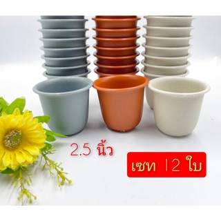 กระถางต้นไม้ 2.5 นิ้ว เซ็ท 12 ใบ (ลอน) กระถางต้นไม้พลาสติก สีขาว สีส้ม สีเทา