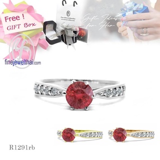 Finejewelthai-แหวนทับทิม-แหวนเพชรCZ-แหวนเงินแท้-พลอยประจำเดือนเกิด-Ruby-Silver-Ring-Birthstone-R1291em