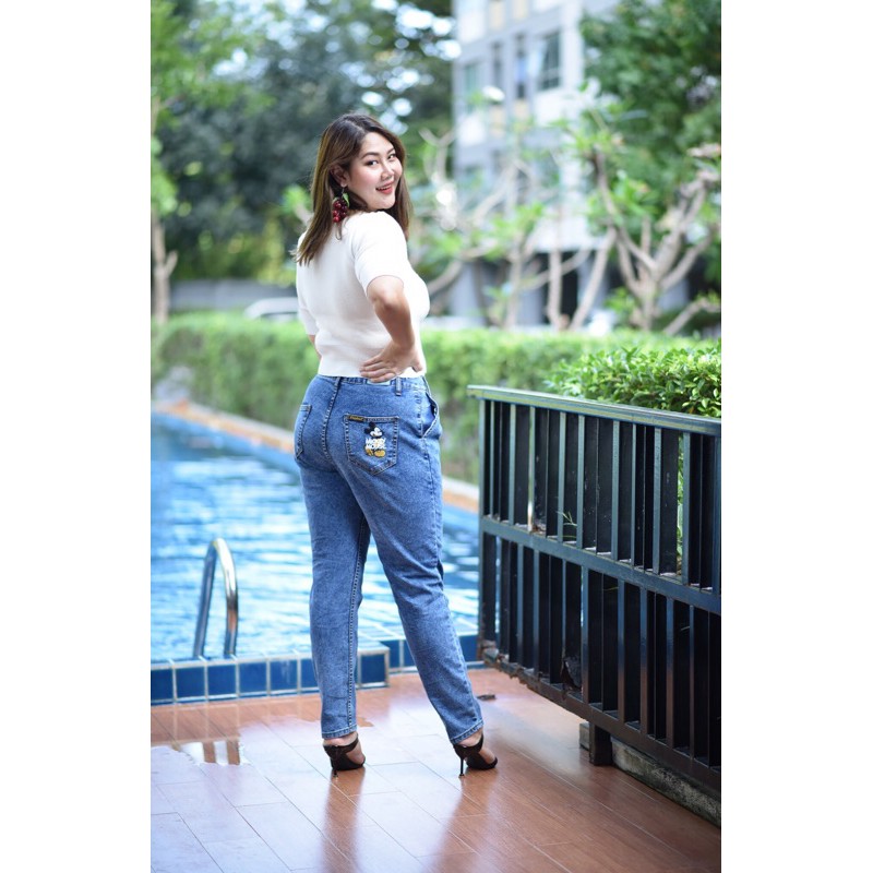 plus-size-เอว34-44-กางเกงยีนส์เอวสูง-ทรงขนมจีบ-ขายาว-ถักเปียกระเป๋า2-ข้าง
