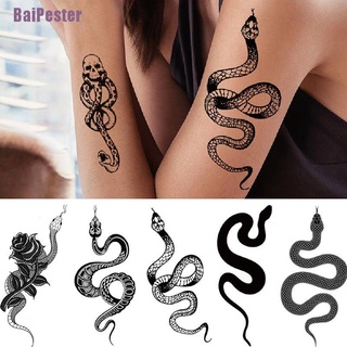 Baipester- + สติกเกอร์รอยสักชั่วคราว ลายงู สีดํา กันน้ํา สําหรับผู้หญิง