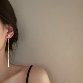 925 silver needle simple geometric pearl chain earrings a two wearing tassel earrings literary style earrings women for