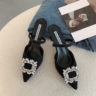 🍓 สไตล์เกาหลีแฟชั่นสีดำสะดวกสบายวินเทจแหลม Rhinestone สง่างามอารมณ์ส้นเข็มผ้าซาติน