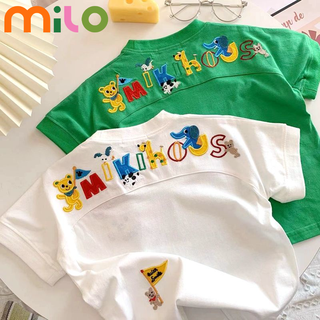 Milo ผ้าฝ้าย100%แขนใหม่เสื้อผ้าเด็กสไตล์ตะวันตกปักเสื้อยืดเด็กการ์ตูนทารกครึ่งแขนด้านบน