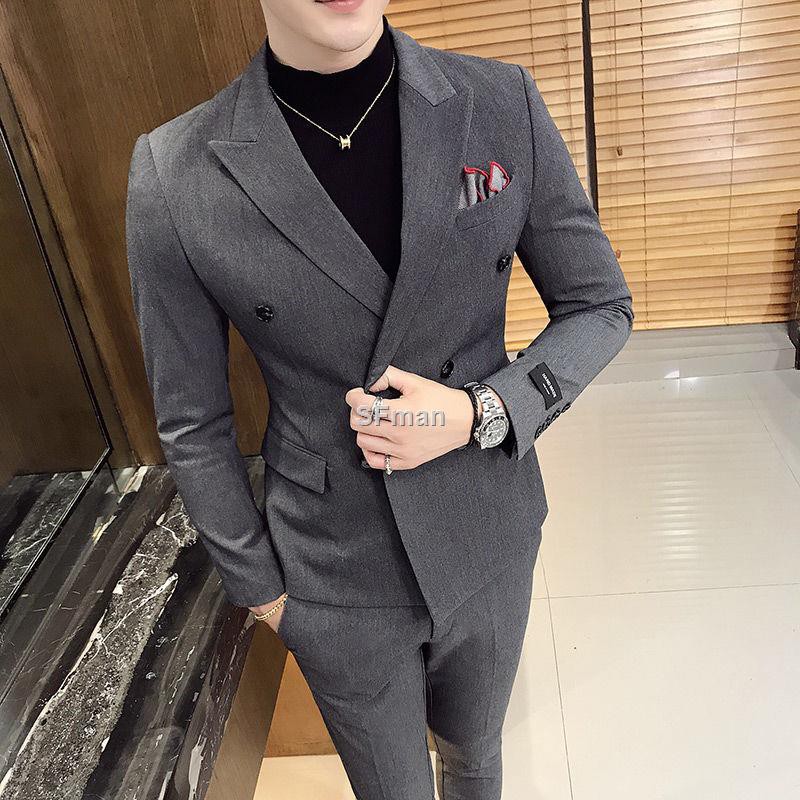 ฤดูใบไม้ร่วงและฤดูหนาวสวมใส่อย่างเป็นทางการสไตล์อังกฤษเสื้อสูทกระดุมสองแถวผู้ชายสลิมเกาหลีผู้ชายชุดสูทสองชิ้น