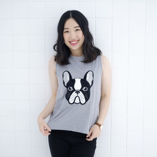 เสื้อครอป แขนกุด Crop Top งานปัก ลาย หมา French Bulldog ผ้านิ่ม COTTON 100% เสื้อครอบครัว