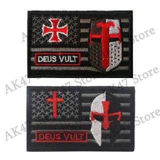 KNIGHT SWORD Deus Vult USA Flag Patch Cross christian Templar Knight in God Wills  Tactical Patch BADGE