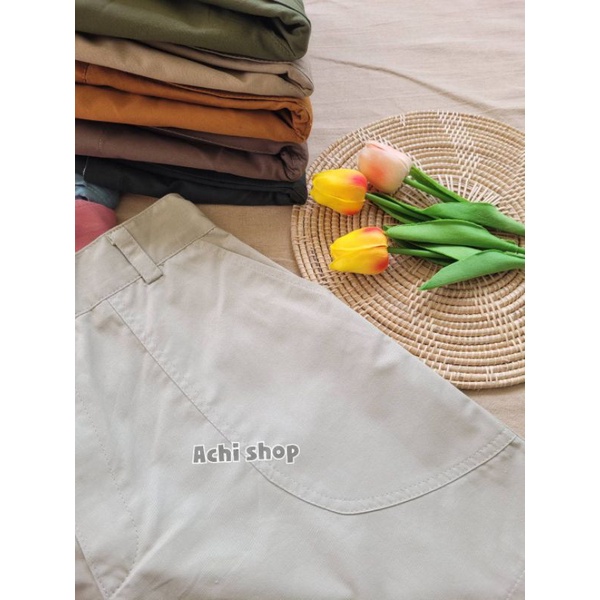 ภาพหน้าปกสินค้ากางเกงขาสั้นเอวสูงสไตล์วินเทจ กระเป๋าปะ จากร้าน achiclothshop บน Shopee