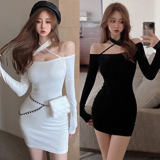 ชุดมินิเดรสสําหรับสตรีแขนยาวเปิดไหล่สีพื้นทรงสลิม Bodycon