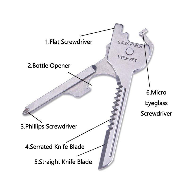 สินค้า 6-in-1 กลางแจ้งสแตนเลสพับพวงกุญแจสวิสเทค Utili ที่สำคัญอเนกประสงค์เครื่องมือมัลติฟังก์ชั่ตัดไขควงตั้งแคมป์