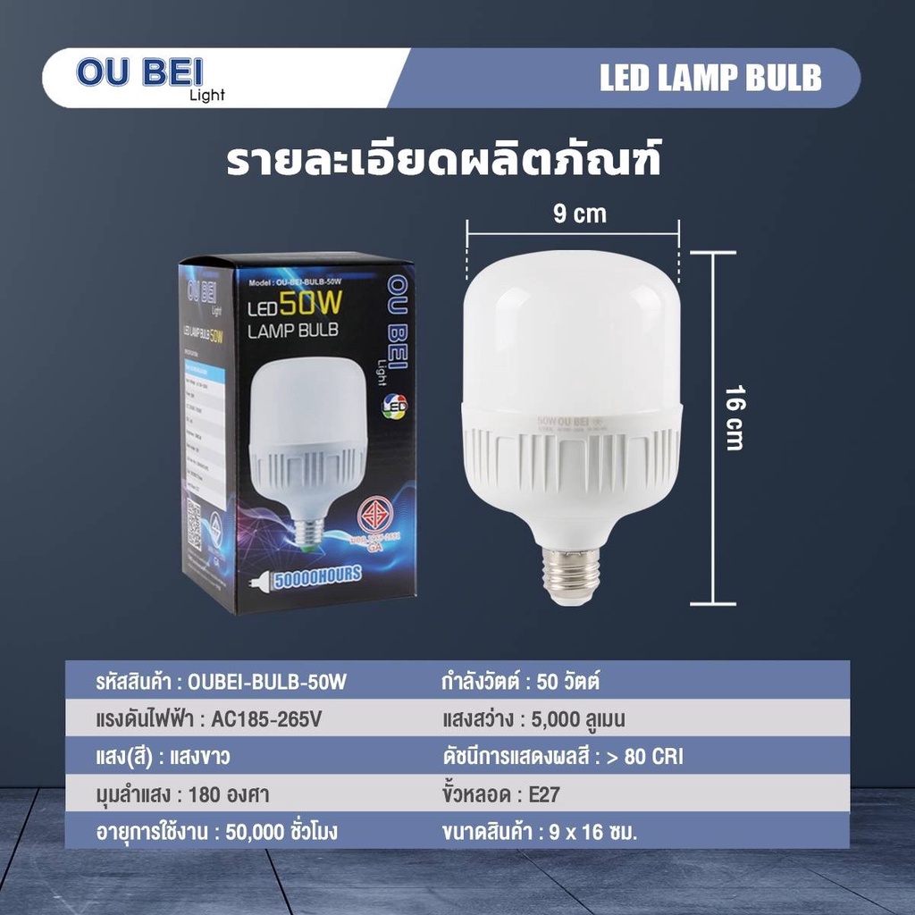 หลอดไฟ-led-หลอดกระบอก-ประหยัดไฟ-led50w-แสงสว่างสูง