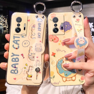 เคสโทรศัพท์ Xiaomi Mi 11T Pro 11 Lite 5G NE POCO X3 GT NFC M3 Pro F3 11 Ultra 10T Pro Phone Case with Wristband Bracket Fashion Luxury Rhinestone Bling Soft Case Glitter Lovely Cartoon Cat Rabbit White Back Cover for เคส Mi11T 11TPro 11LiteNE Casing