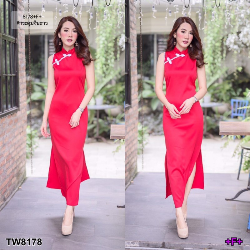 tw8178-แม็กซี่เดรสกี่เพ้าแขนกุดผ่าข้าง-รายละเอียดสินค้า-maxidress-แม็กซี่เดรสกี่เพ้ายาว-คอจีน