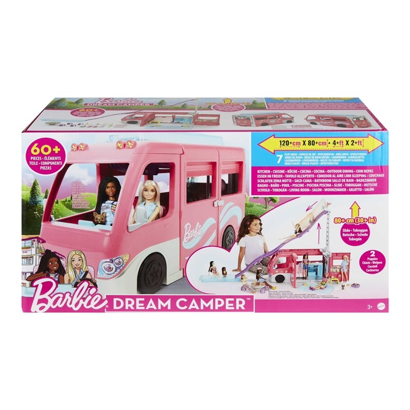 barbie-dreamcamper-vehicle-playset-2-5-feet-tall-with-rolling-wheels-7-play-areas-pool-slide-amp-60-camping-accessories