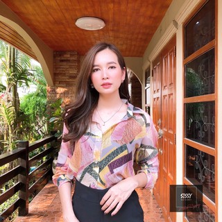 2021 เสื้อเชิ้ตผู้หญิง ชีฟองแขนยาวลายใบไม้สีชมพู