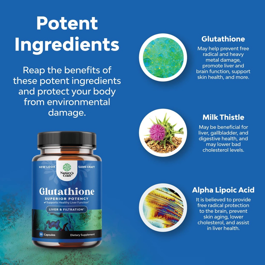 อาหารเสริมบำรุงตับ Natures Craft Pure Glutathione Supplement with Gluta - Milk Thistle /30 Capsules