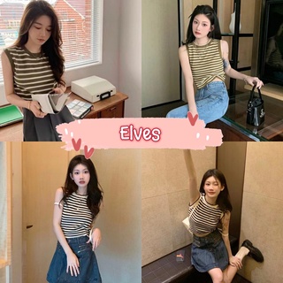 Elves✨พร้อมส่ง✨  เสื้อกล้ามไหมพรม ดีเทลลายทางรัดรูปทรงครอปสั้นน่ารัก ~47172~