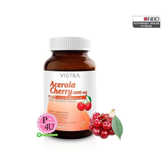 ภาพหน้าปกสินค้าVistra Acerola Cherry 1000 mg 45 / 60 / 100 / 150 เม็ด วิสทร้า อะเซโรลาเชอร์รี่ 1000 มก.
