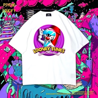 Psycho Crucify "Looney Tunes Coin Collection!" เสื้อยืด ขนาดใหญ่ | สีขาว | เสื้อยืด พิมพ์ลาย Looney Tunes Coin Collectio