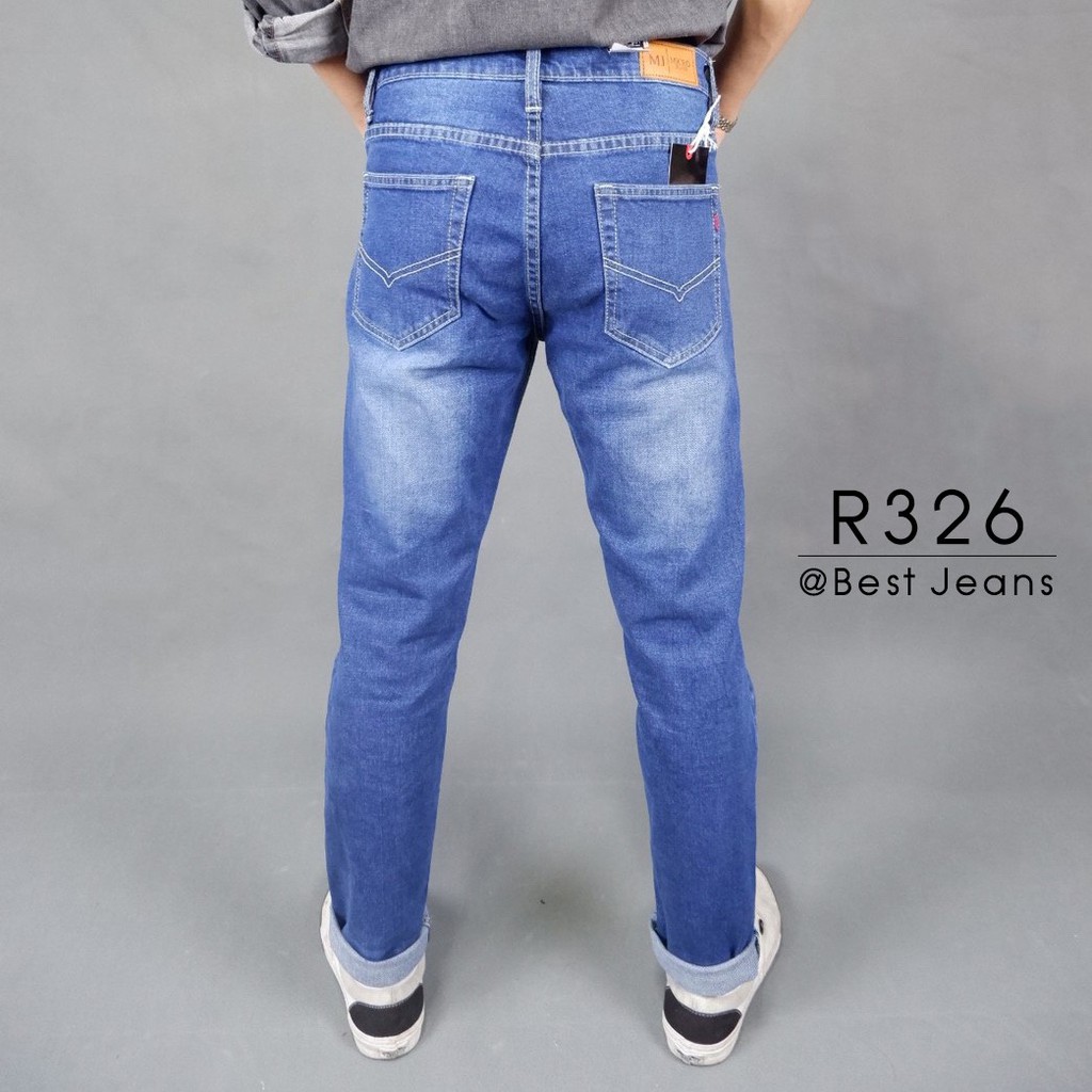 กางเกงขายาวชาย-สียีนส์ฟอกกระบอกเล็กแต่งขาด-รุ่น-r326