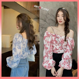 เสื้อชีฟองลายดอกไม้แขนพัฟคอเหลี่ยมสุดน่ารัก เสื้อแขนยาวชีฟองเปิดไหล่ลายสดใสลุคน่ารัก เสื้อราคาโปรโมชั่นราคาส่ง