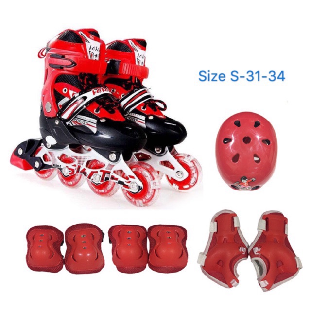 ราคาและรีวิวรองเท้าสเก็ต รองเท้าโรลเลอร์สเก็ต Skate Size S-31-34 สีแดง พร้อมชุดป้องกัน 1ชุด PU