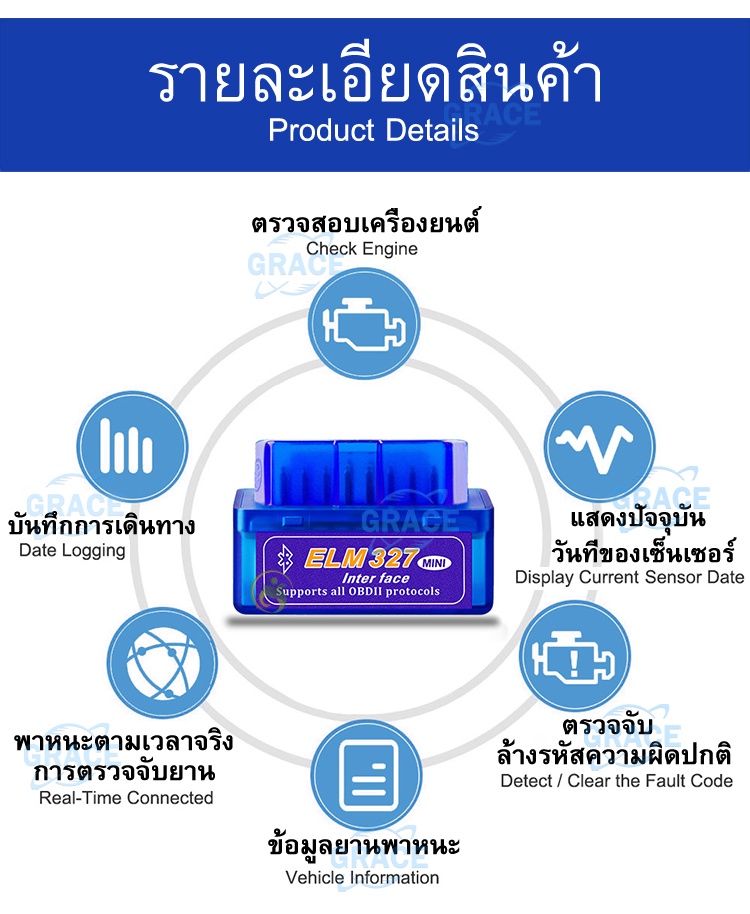 ภาพอธิบายเพิ่มเติมของ OBD2 Bluetooth ELM327 สมาร์ทเกจ Smart GACauge เกจวัดรถยนต์ เครื่องสแกนรถยนต์ OBD scanner อ่าน ลบ โค๊ด เกจวัด