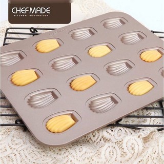 CHEFMADE ถาดอบ ถาดอบขนม พิมพ์อบเค้ก พิมพ์ขนมลายมาเดอลีน 16 หลุม เคลือบสีทอง อย่างดี