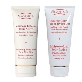 Clarins Moisture Rich BodyLotion with Sheer Butter for Dry Skin 100ml + Clarins Smoothing Body Scrubfor a NewSkin 100ml