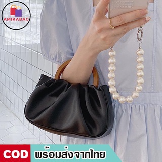 AMIKABAG(MK1795) กระเป๋าหนังถือใบเล็ก หูถือเป็นไม้+มีสายสะพายยาวให้