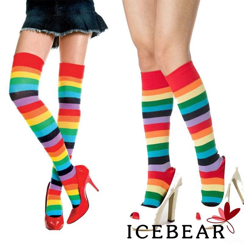 สินค้า ถุงเท้ายาวถึงเข่าลายทางสีรุ้งสำหรับผู้หญิง