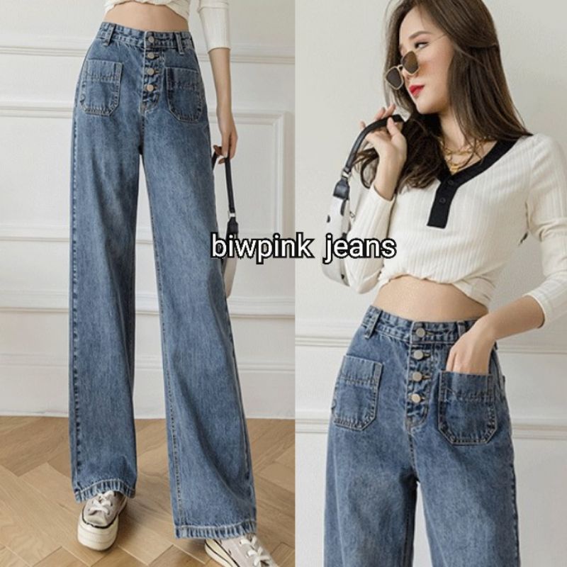 ราคาและรีวิวพร้อม​ส่ง​ biwpink​ jeans​ ยีนส์​กระบอก​เกรดA​ ผ้ายีนส์หนา​ เอวสูง​ ทรงสวย​ กระดุมหน้า