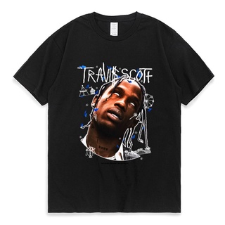 เสื้อยืดอินเทรนด์ผู้ชายอินเทรนด์ผู้หญิงTravis Scott เสื้อยืดแขนสั้น ผ้าฝ้าย 100% พิมพ์ลายแรงบันดาลใจ 90s สไตล์วินเทจ โอเ