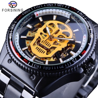 Forsining Steampunk Golden Luminous Skull Black Stainless Steel Skeleton Open Work Mens Automatic Watches Top Brand Luxu